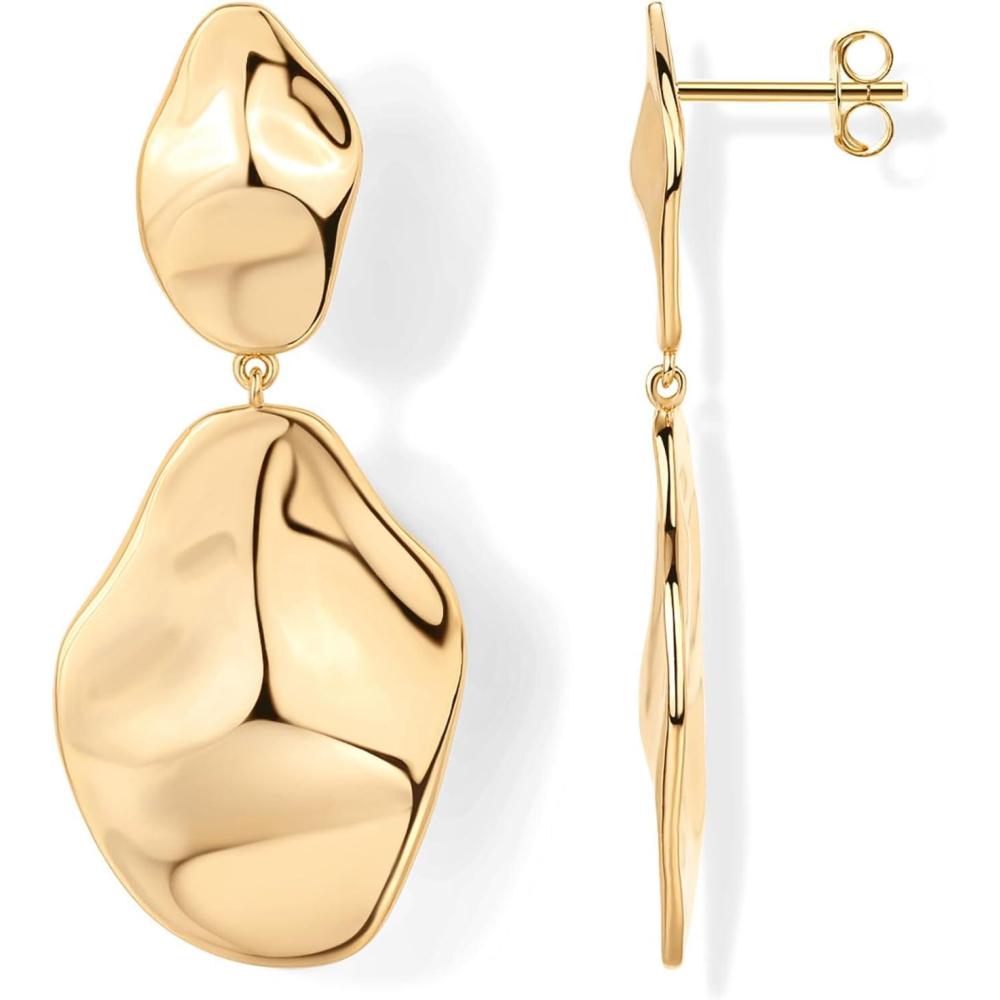 imagePAVOI 14K Gold Plated 925 Sterling Silver Posts Teardrop Statement Dangle Earrings  Lightweight Hammered Drop Dangle Earrings for WomenYellow Gold