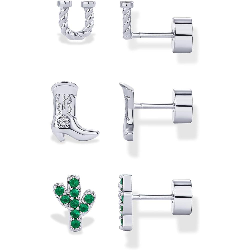 imagePAVOI 14K Gold Plated Dainty Flat Back Earrings for Women Hypoallergenic 925 Sterling Silver Posts Helix Cartilage Piercing Jewelry Emoji Motif Bow Celestial Flatback Gold Stud Earrings Screw BackWestern Trio Set