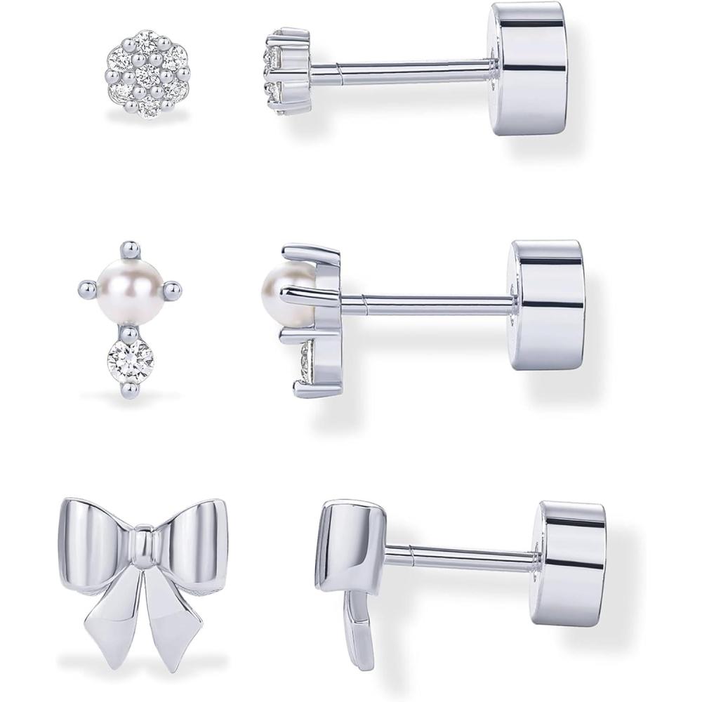 imagePAVOI 14K Gold Plated Dainty Flat Back Earrings for Women  Hypoallergenic 925 Sterling Silver Posts Helix Cartilage Piercing Jewelry  Emoji Motif Bow Celestial Flatback Gold Stud Earrings Screw BackBow  Pearl Trio Set