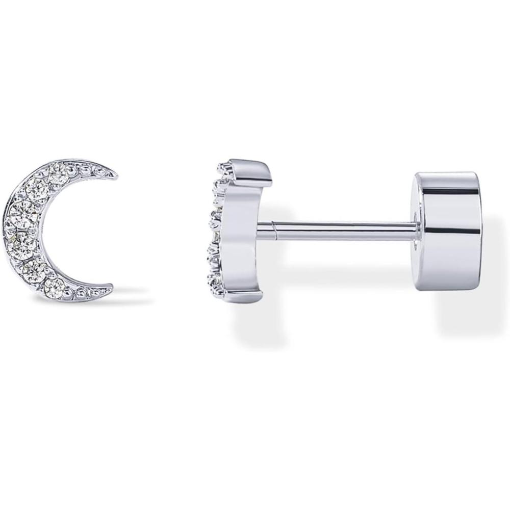 imagePAVOI 14K Gold Plated Dainty Flat Back Earrings for Women Hypoallergenic 925 Sterling Silver Posts Helix Cartilage Piercing Jewelry Emoji Motif Bow Celestial Flatback Gold Stud Earrings Screw BackMoon