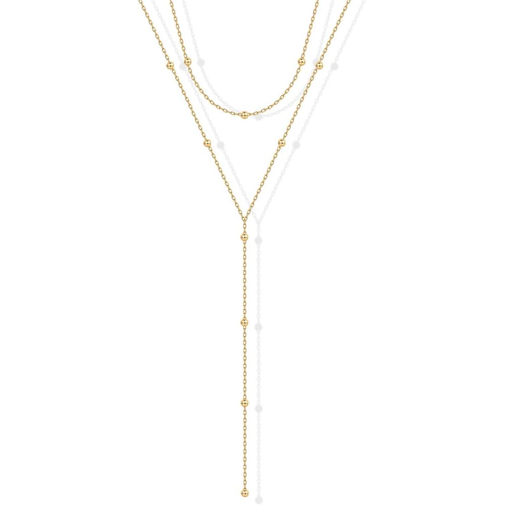 imagePAVOI 14K Gold Plated Drop Lariat Chain for Women  Gold Cubic Zirconia Long Necklace  Station Star Layered Beaded Y NecklaceYellow Gold