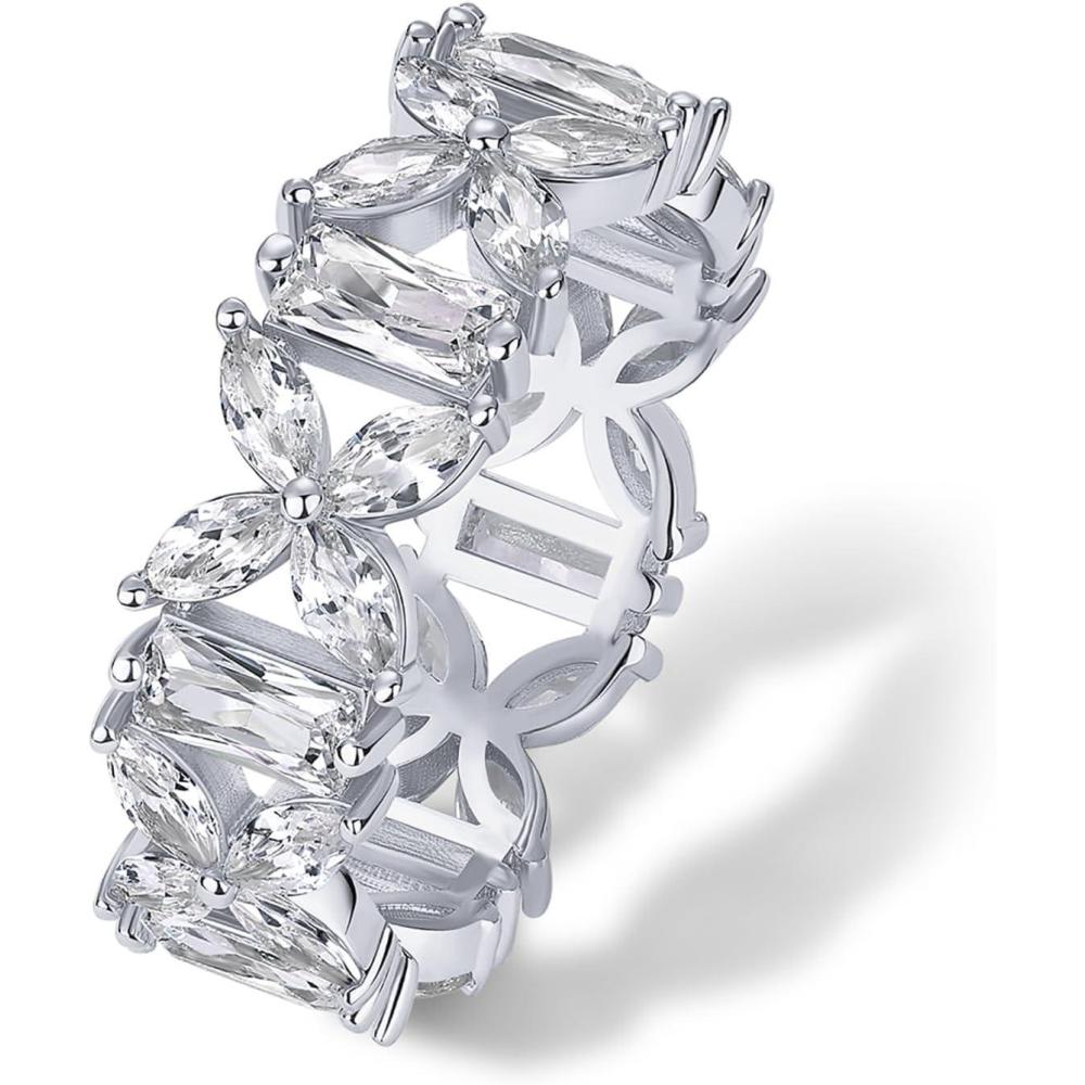 imagePAVOI 14K Gold Plated Marquise Eternity Rings for Women Cubic Zirconia Chunky Stackable Wedding Ring Statement Baguette CZ Gold Wedding Bands for Women Promise Band Bridal JewelryWhite Gold