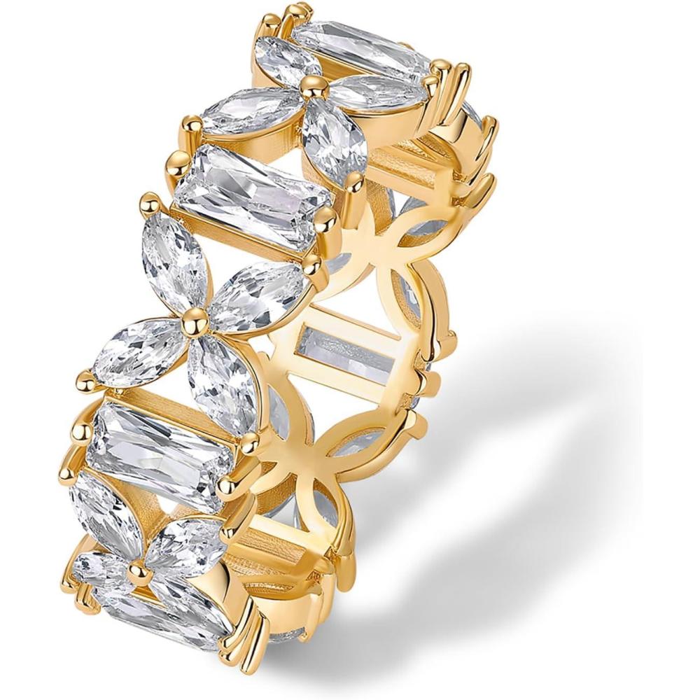 imagePAVOI 14K Gold Plated Marquise Eternity Rings for Women  Cubic Zirconia Chunky Stackable Wedding Ring  Statement Baguette CZ Gold Wedding Bands for Women  Promise Band Bridal JewelryYellow Gold