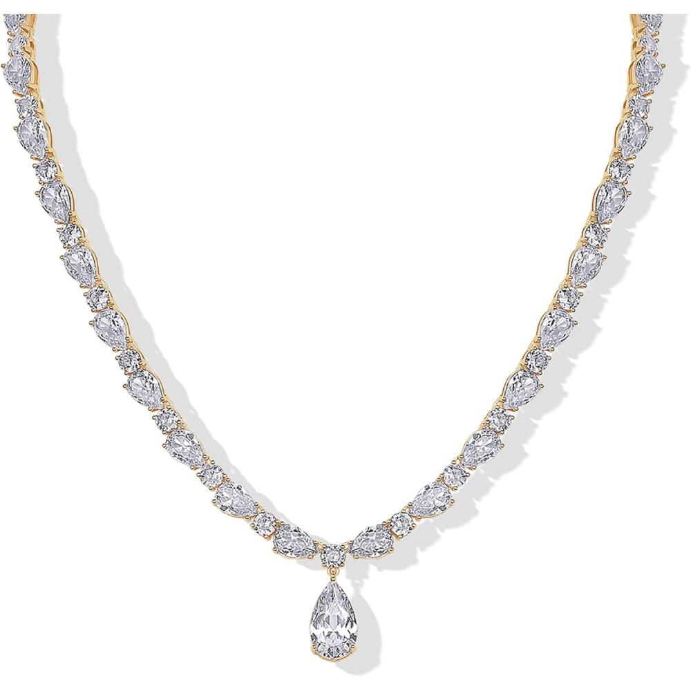 imagePAVOI 14K Gold Plated Pear Tennis Necklaces for Women Cubic Zirconia Tennis Necklace with Drop for Brides ampamp Bridesmaids Cute Simulated Diamond Chain Trendy Wedding JewelryYellow Gold