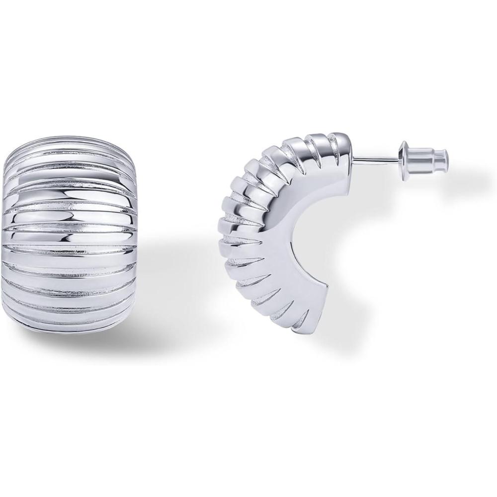 imagePAVOI 14K Gold Plated Ribbed Hoop Earrings for Women  Chunky Ridge Statement Earrings  Boho Puffy Croissant Huggie Hoops Trendy Gold JewelryWhite Gold