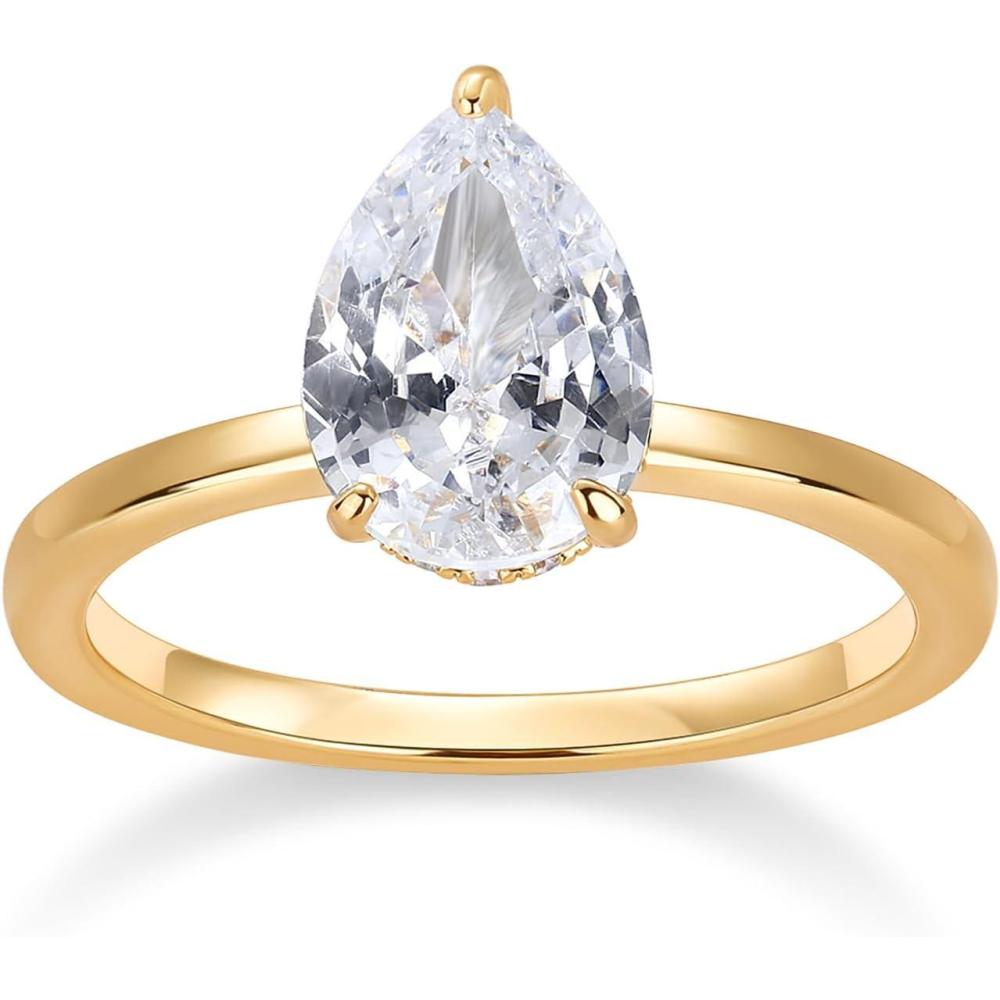 imagePAVOI 14K Gold Plated Simple 25CT Pear Cubic Zirconia Hidden Halo Eternity Ring Fake Bridal Wedding Promise Statement  Engagement Ring for WomenYellow Gold