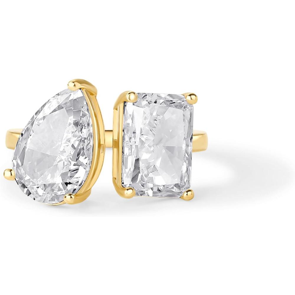 imagePAVOI 14K Gold Plated Toi Et Moi RadiantCut PearShaped Cubic Zirconia Fake Wedding Engagement Ring for Women  Statement Promise RingYellow Gold