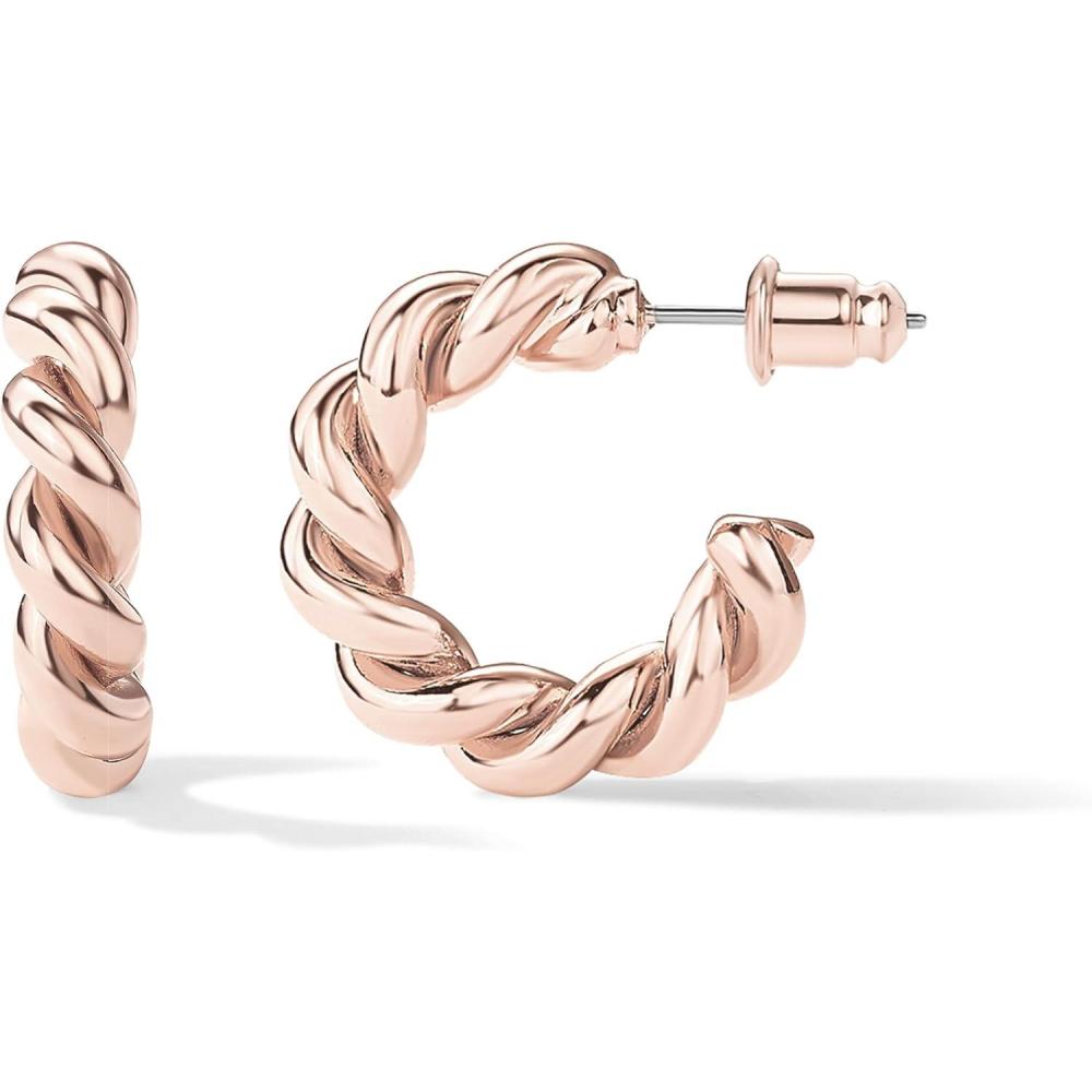 imagePAVOI 14K Gold Plated Twisted Rope Round Hoop Earrings in Rose White and Yellow GoldRose Gold