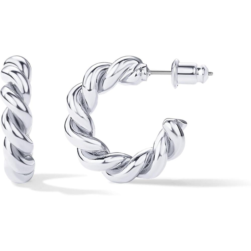 imagePAVOI 14K Gold Plated Twisted Rope Round Hoop Earrings in Rose White and Yellow GoldWhite Gold