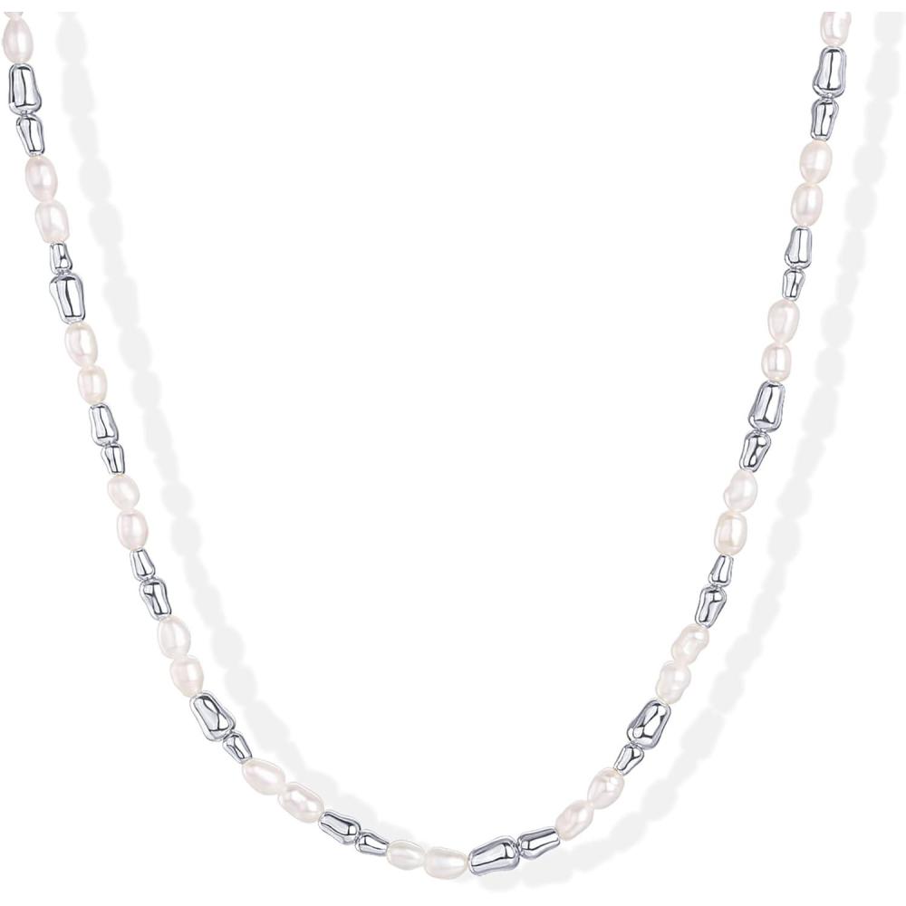 imagePAVOI 14K18K Gold Plated Dainty Pearl Necklaces for Women  Station Beaded Choker Paperclip Chain Gold Pearl Necklace Bridal JewelryWhite Gold