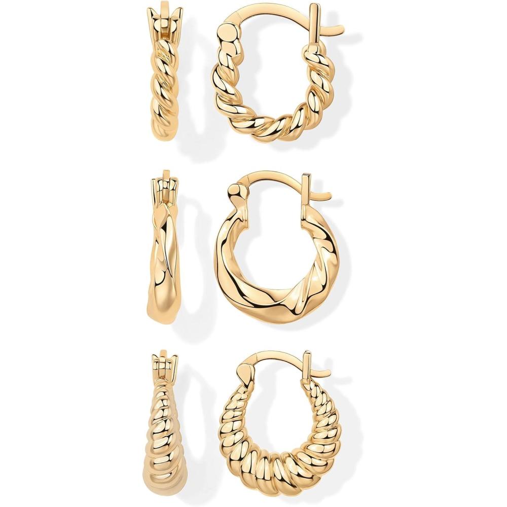 imagePAVOI 14K18K Yellow Gold Plated 925 Sterling Silver Posts Three Pairs Small Hoop Earrings for Women  Statement Gold Hoop Earrings Set  Cubic Zirconia Rope Teardrop Chunky Huggie Earscape PiercingsYellow Gold