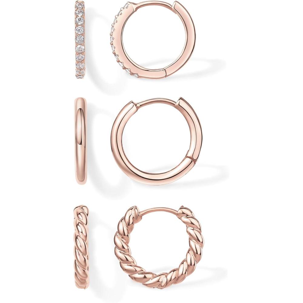 imagePAVOI 14K18K Yellow Gold Plated 925 Sterling Silver Posts Three Pairs Small Hoop Earrings for Women  Statement Gold Hoop Earrings Set  Cubic Zirconia Rope Teardrop Chunky Huggie Earscape PiercingsRose Gold