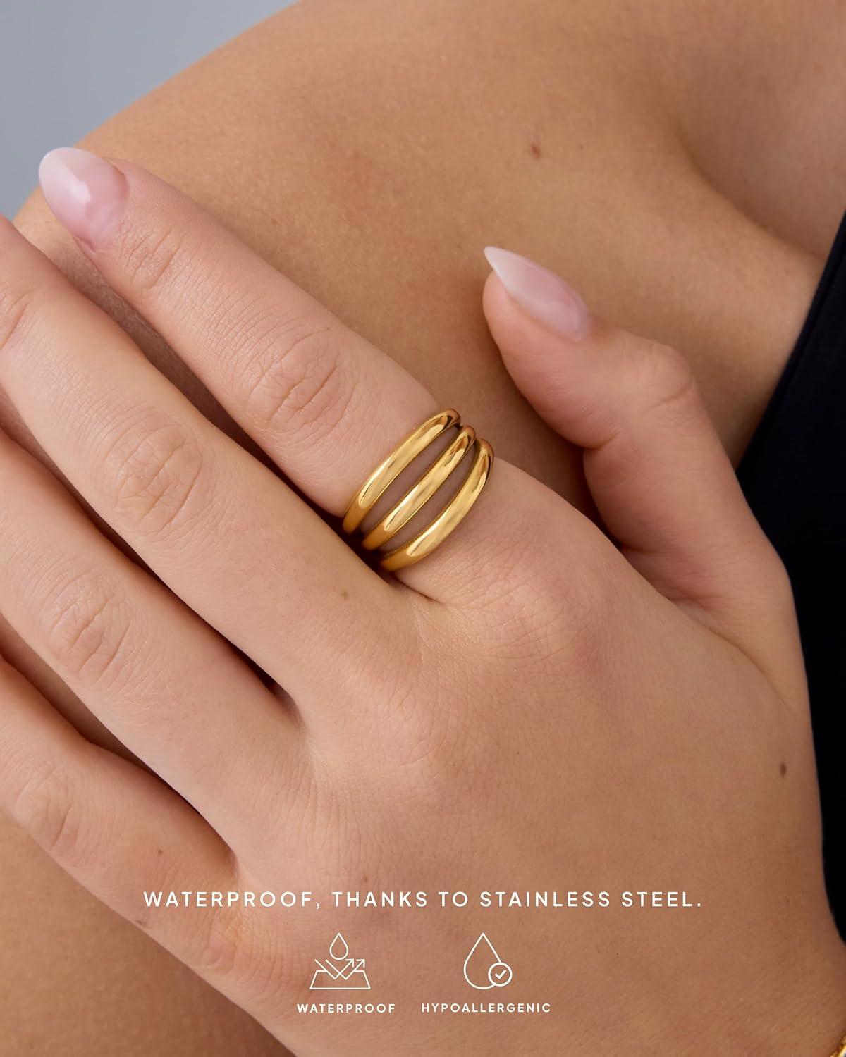imagePAVOI 14K Gold Plated Chunky Curved Triple Stackable Ring for Women  Stainless Steel Three in One Statement Rings  Waterproof Thick MultiBandsYellow Gold