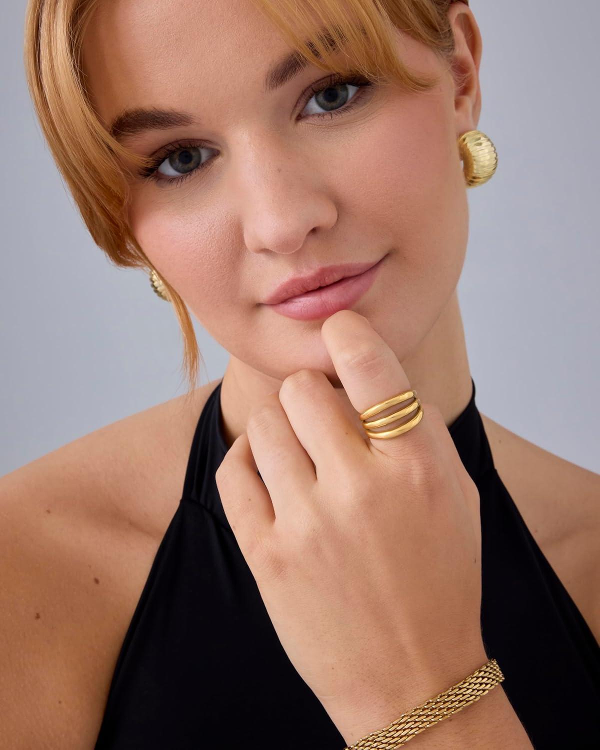 imagePAVOI 14K Gold Plated Chunky Curved Triple Stackable Ring for Women  Stainless Steel Three in One Statement Rings  Waterproof Thick MultiBandsYellow Gold