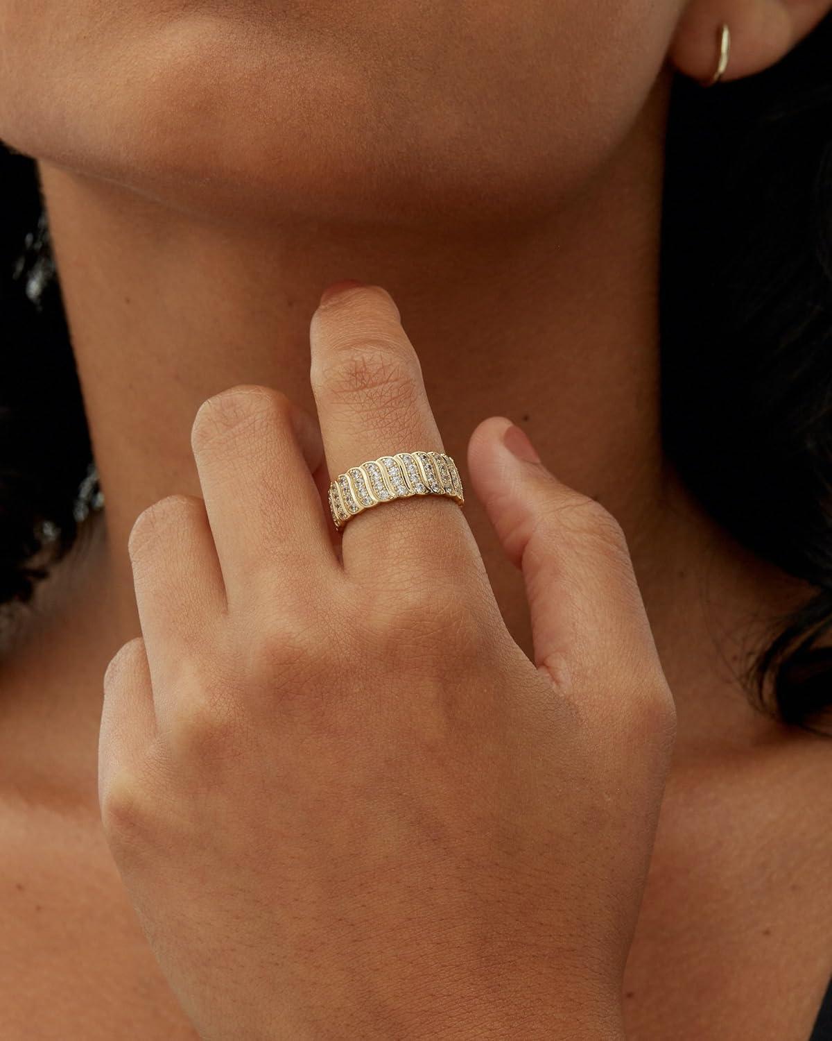 imagePAVOI 14K Gold Plated Chunky Ring  Cubic Zirconia Stackable Rings  Chunky Wide Band for WomenWhite Gold