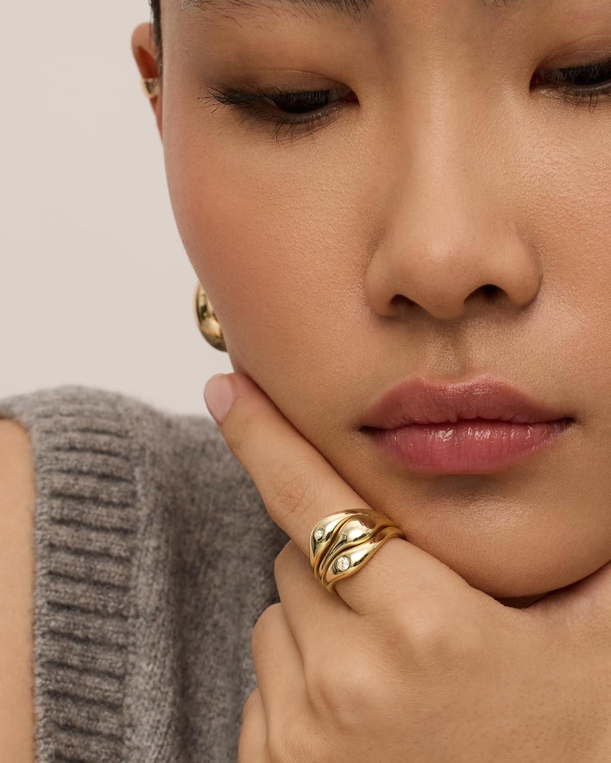 imagePAVOI 14K Gold Plated Chunky Stackable Rings Set for Women Cubic Zirconia Bands Set 3 Statement Rings PackYellow Gold