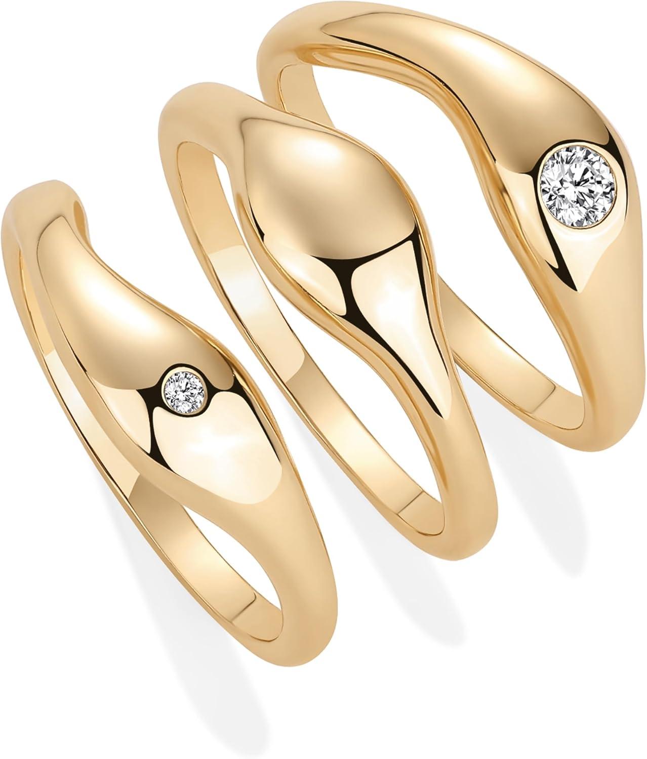 imagePAVOI 14K Gold Plated Chunky Stackable Rings Set for Women Cubic Zirconia Bands Set 3 Statement Rings PackYellow Gold