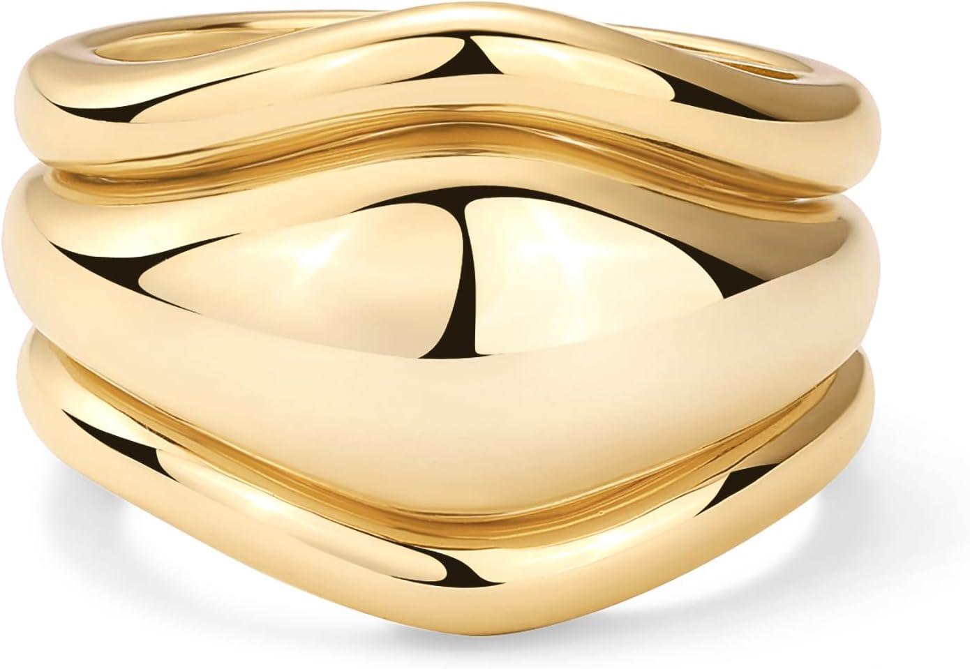 imagePAVOI 14K Gold Plated Chunky Stackable Rings Set for Women Cubic Zirconia Bands Set 3 Statement Rings PackYellow Gold