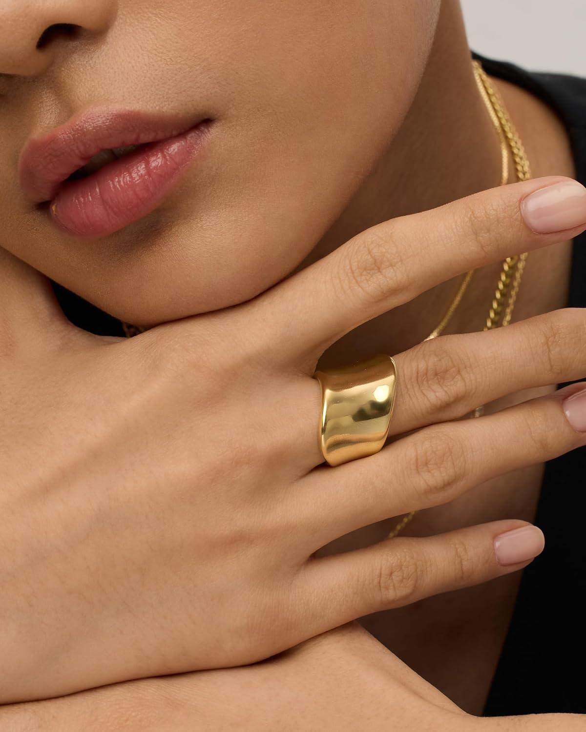 imagePAVOI 14K Gold Plated Chunky Statement Ring for Women  Stainless Steel Hypoallergenic Wide Stackable RingsWhite Gold