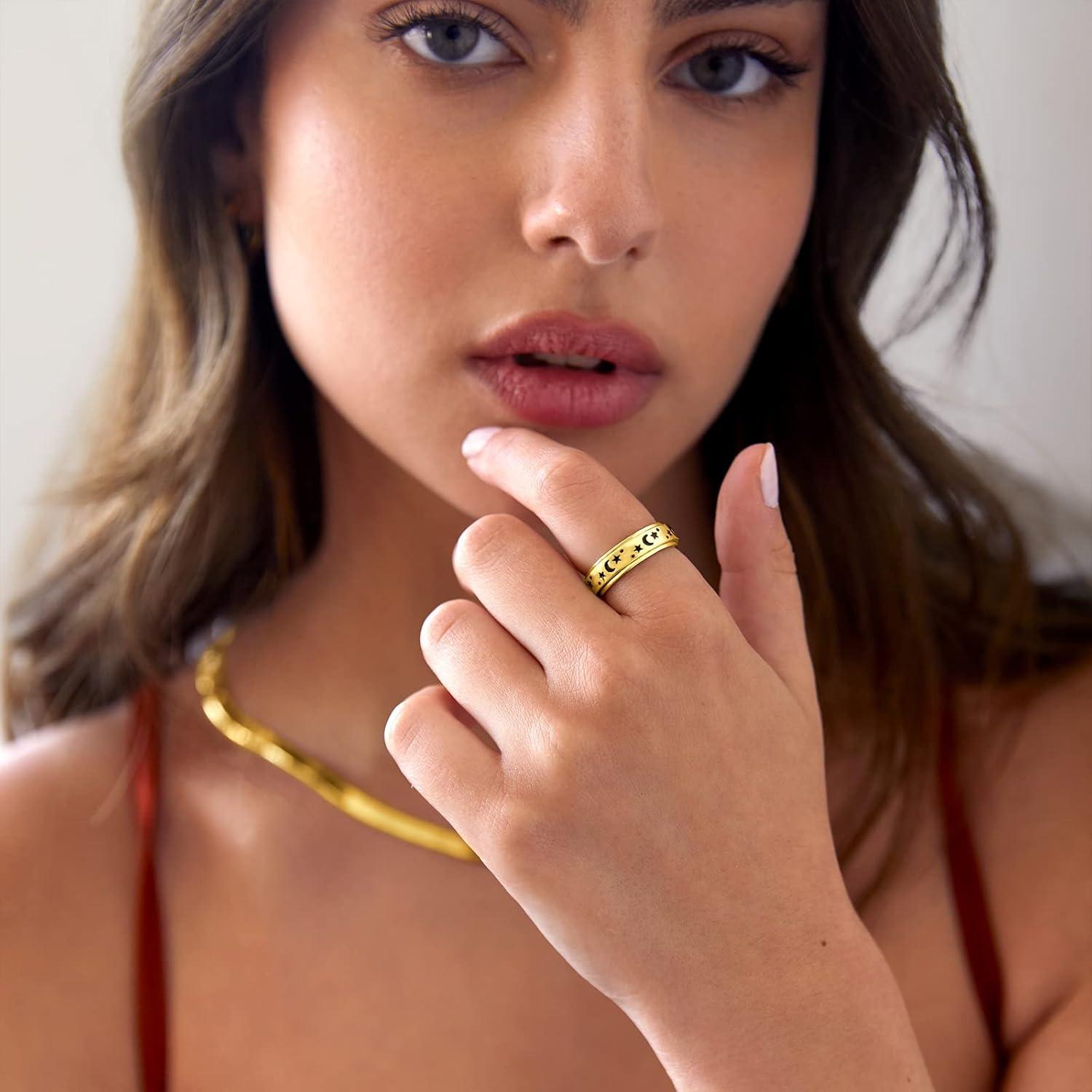 imagePAVOI 14K Gold Plated Spinner Anxiety Rings for Women Men Anxiety Bands with Beads Moon Star Beads Ring for WomenWhite Gold