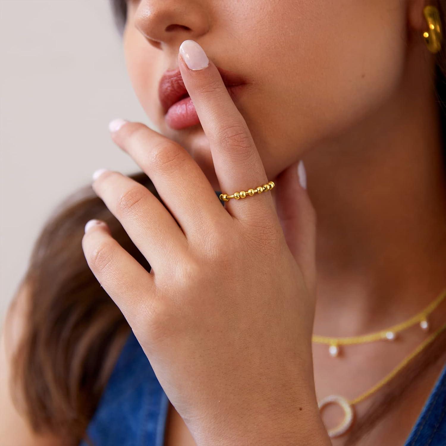 imagePAVOI 14K Gold Plated Spinner Anxiety Rings for Women Men Anxiety Bands with Beads Moon Star Beads Ring for WomenWhite Gold