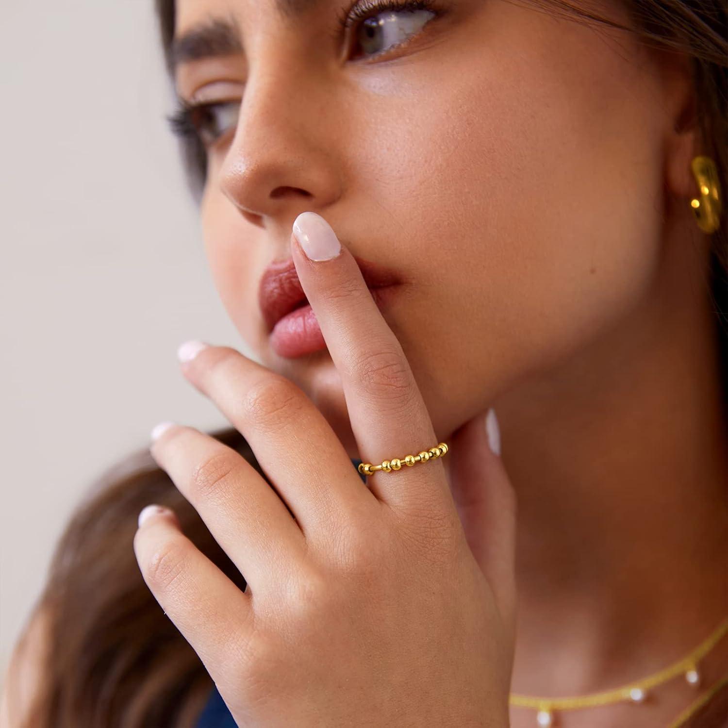 imagePAVOI 14K Gold Plated Spinner Anxiety Rings for Women Men Anxiety Bands with Beads Moon Star Beads Ring for WomenWhite Gold