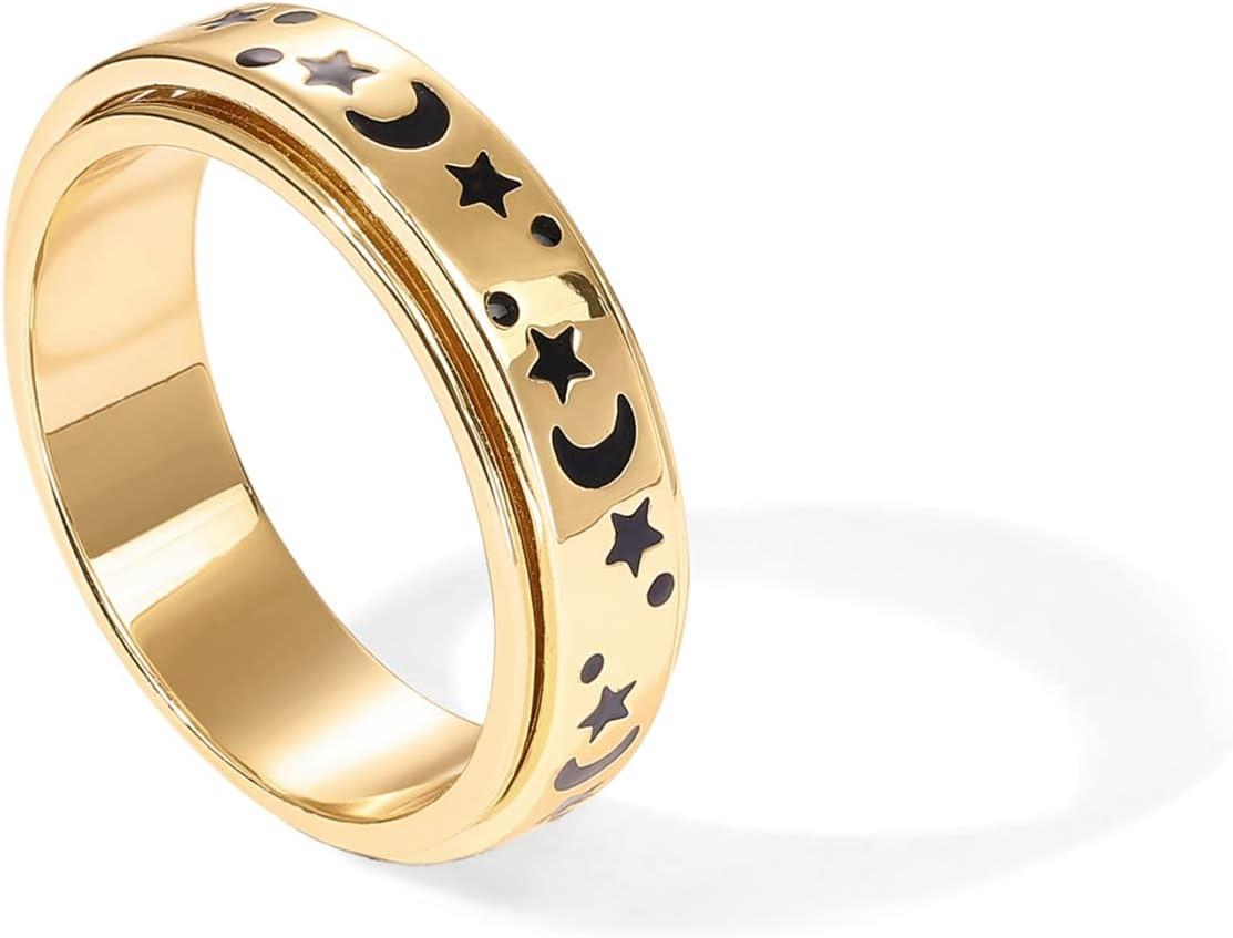 imagePAVOI 14K Gold Plated Spinner Anxiety Rings for Women Men Anxiety Bands with Beads Moon Star Beads Ring for WomenYellow Gold