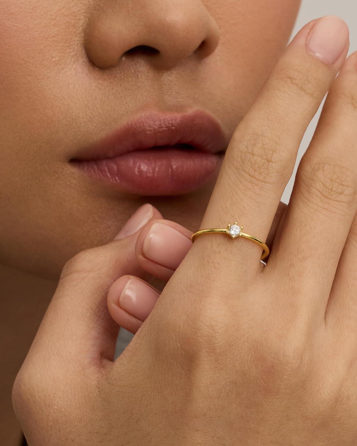 imagePAVOI 18K Gold Plated Marquise Round Mini Cubic Zirconia Stackable Rings for Women  Dainty Stacking Thin Band for WomenWhite Gold