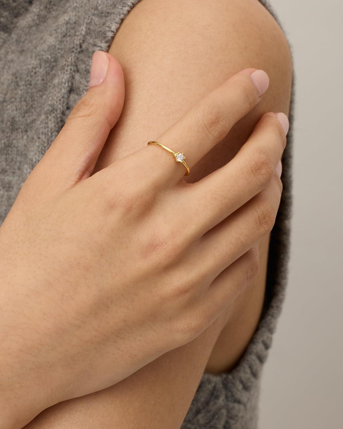 imagePAVOI 18K Gold Plated Marquise Round Mini Cubic Zirconia Stackable Rings for Women  Dainty Stacking Thin Band for WomenWhite Gold