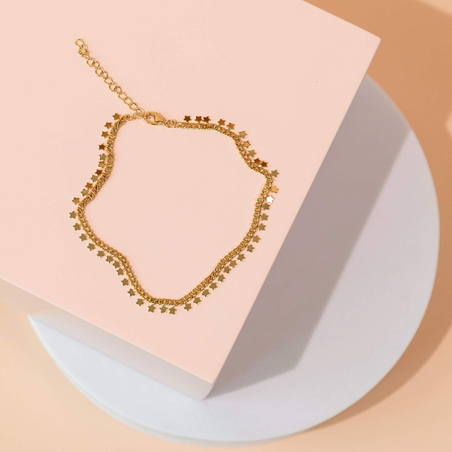 imagePAVOI 14K Gold Plated Anklet for Women Trendy Link Chain Ankle Bracelet Summer Jewelry Boho Dainty Anklets with Cubic Zirconia Beaded Evil Eye Star Station Pearls Adjustable Gold JewelryStar