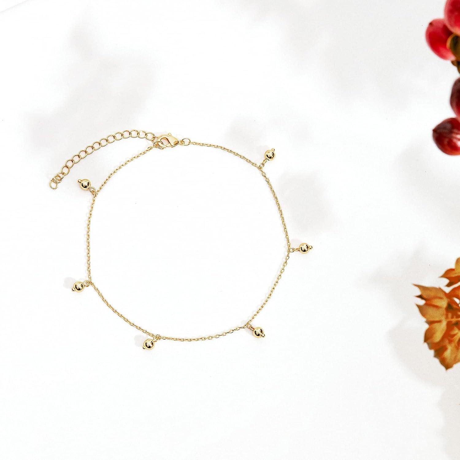 imagePAVOI 14K Gold Plated Anklet for Women Trendy Link Chain Ankle Bracelet Summer Jewelry Boho Dainty Anklets with Cubic Zirconia Beaded Evil Eye Star Station Pearls Adjustable Gold JewelryDot