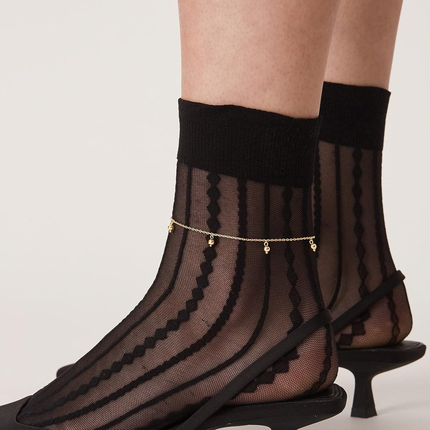 imagePAVOI 14K Gold Plated Anklet for Women Trendy Link Chain Ankle Bracelet Summer Jewelry Boho Dainty Anklets with Cubic Zirconia Beaded Evil Eye Star Station Pearls Adjustable Gold JewelryDot