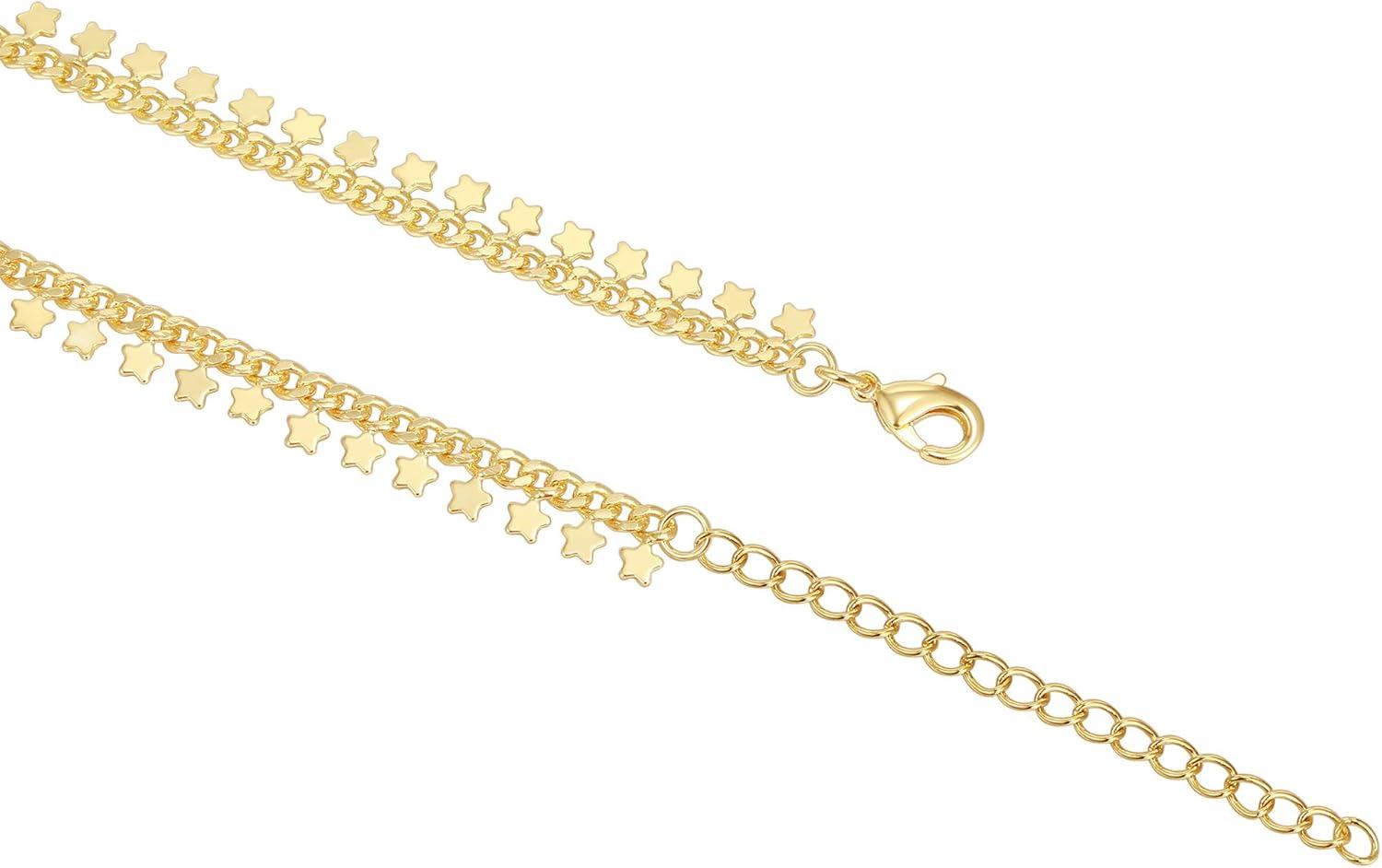 imagePAVOI 14K Gold Plated Anklet for Women Trendy Link Chain Ankle Bracelet Summer Jewelry Boho Dainty Anklets with Cubic Zirconia Beaded Evil Eye Star Station Pearls Adjustable Gold JewelryStar