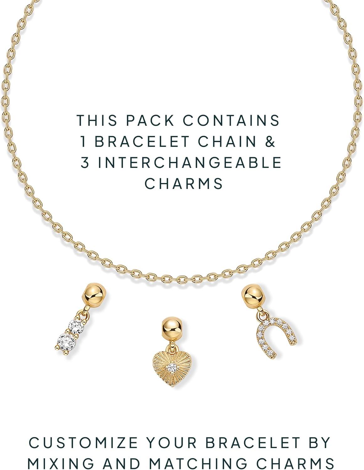 imagePAVOI 14K Gold Plated Bracelet for Women Adjustable 7Inch Sliding Ball Charm Bracelet Set with Removable Horseshoe Heart and Cubic Zirconia Charms Trendy Gold Chain JewelryHeart