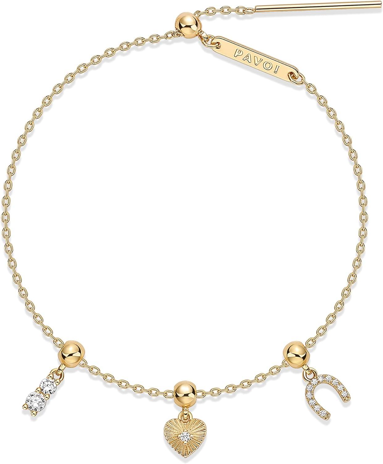 imagePAVOI 14K Gold Plated Bracelet for Women Adjustable 7Inch Sliding Ball Charm Bracelet Set with Removable Horseshoe Heart and Cubic Zirconia Charms Trendy Gold Chain JewelryHeart