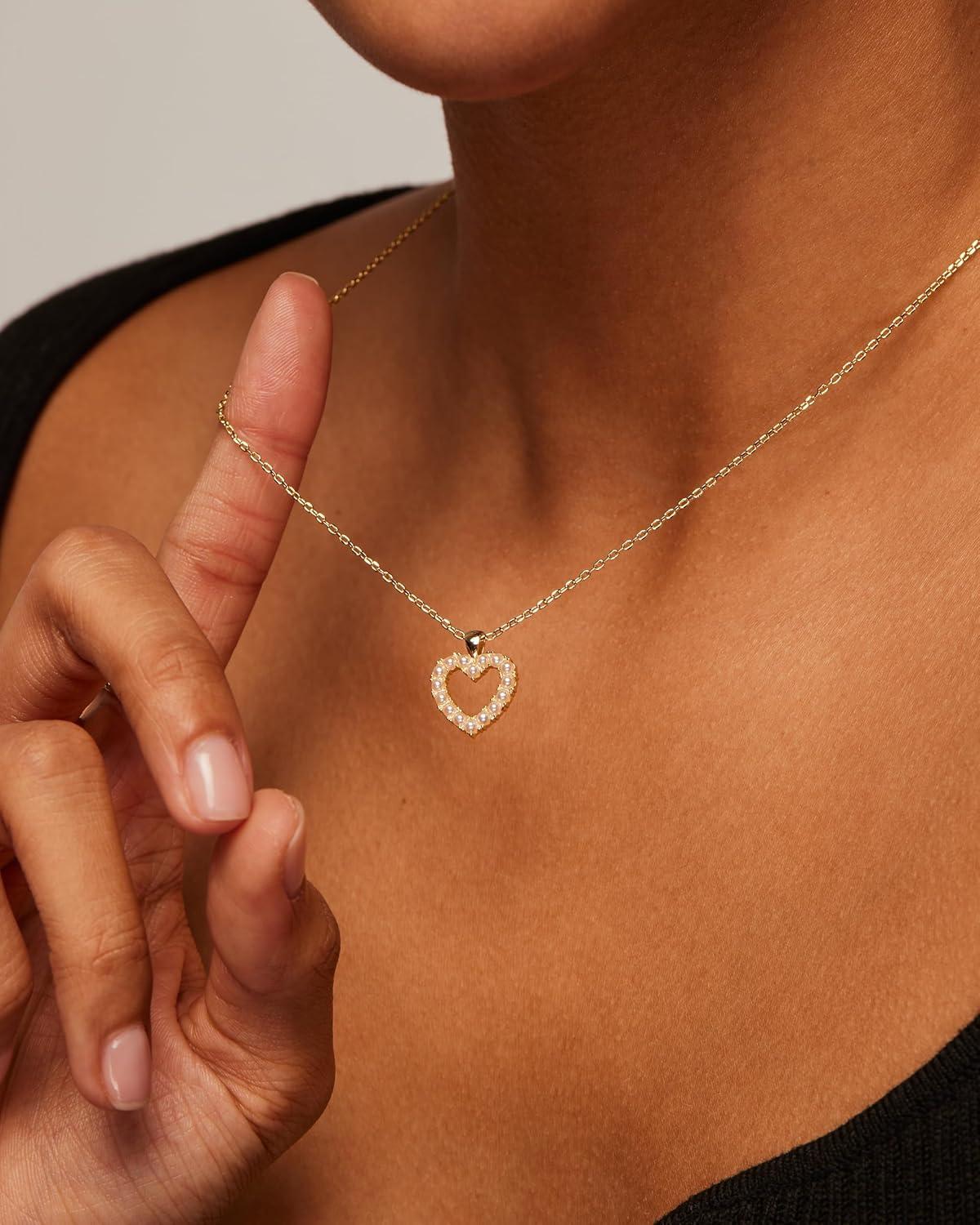 imagePAVOI 14K Gold Plated Cubic Zirconia Heart Necklace Cute Dainty Love Pendant Necklaces for WomenWhite Gold