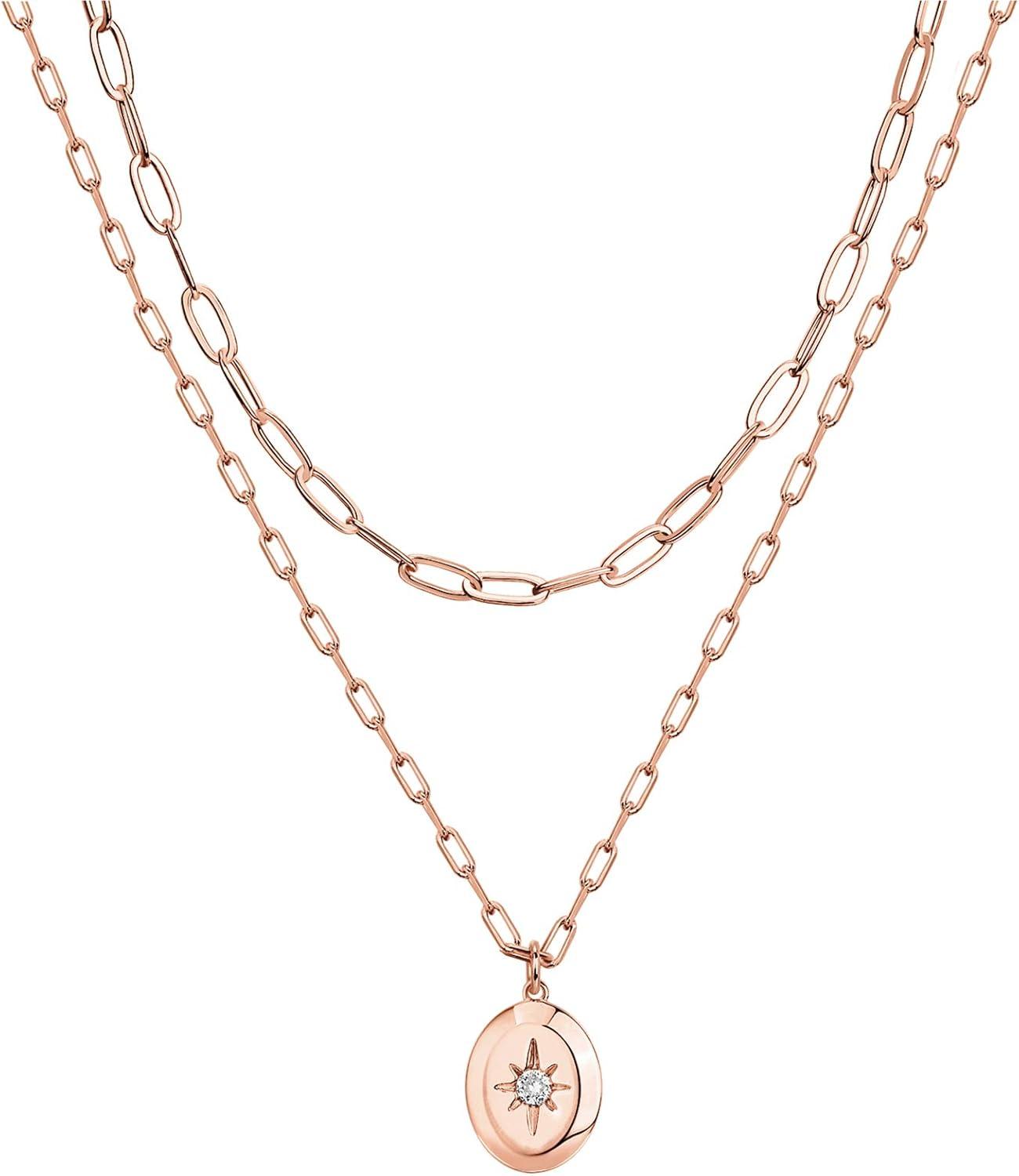 imagePAVOI 14K Gold Plated Layering Necklaces  Stylish Minimalist Design Pendant Necklaces  Bar Circle Lotus Disc Dog Tag Horizontal Bar Pendants for WomenRose Gold