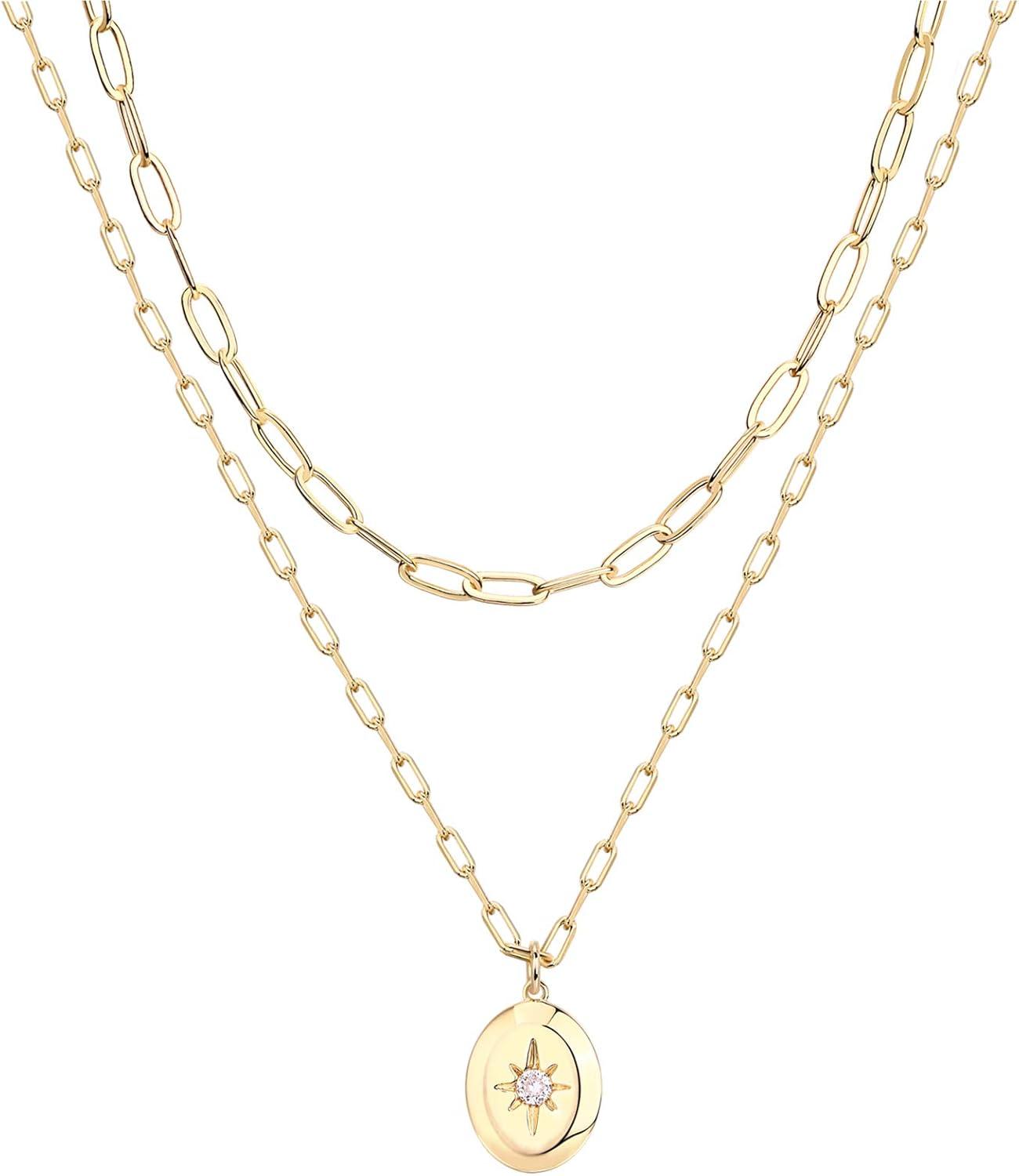 imagePAVOI 14K Gold Plated Layering Necklaces  Stylish Minimalist Design Pendant Necklaces  Bar Circle Lotus Disc Dog Tag Horizontal Bar Pendants for WomenYellow Gold