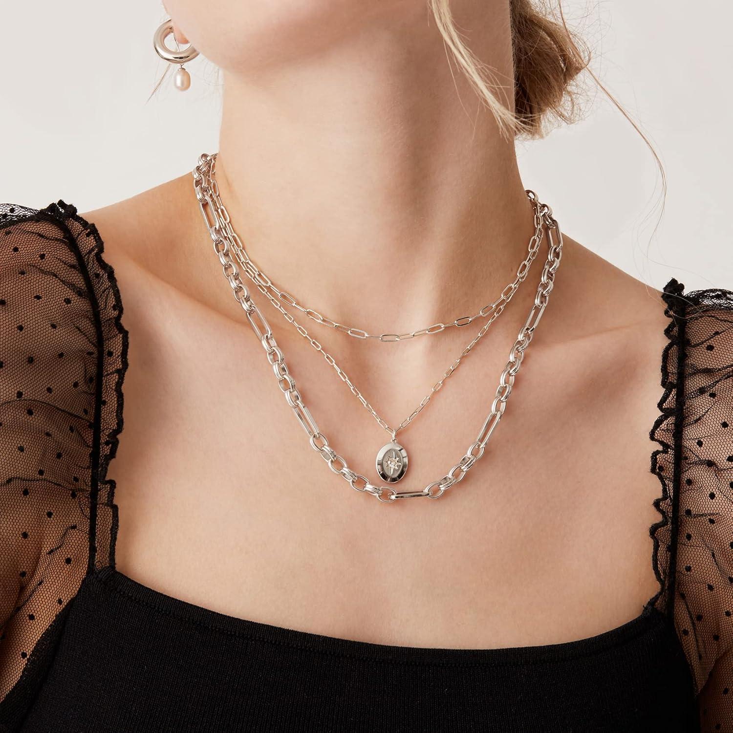 imagePAVOI 14K Gold Plated Layering Necklaces  Stylish Minimalist Design Pendant Necklaces  Bar Circle Lotus Disc Dog Tag Horizontal Bar Pendants for WomenWhite Gold