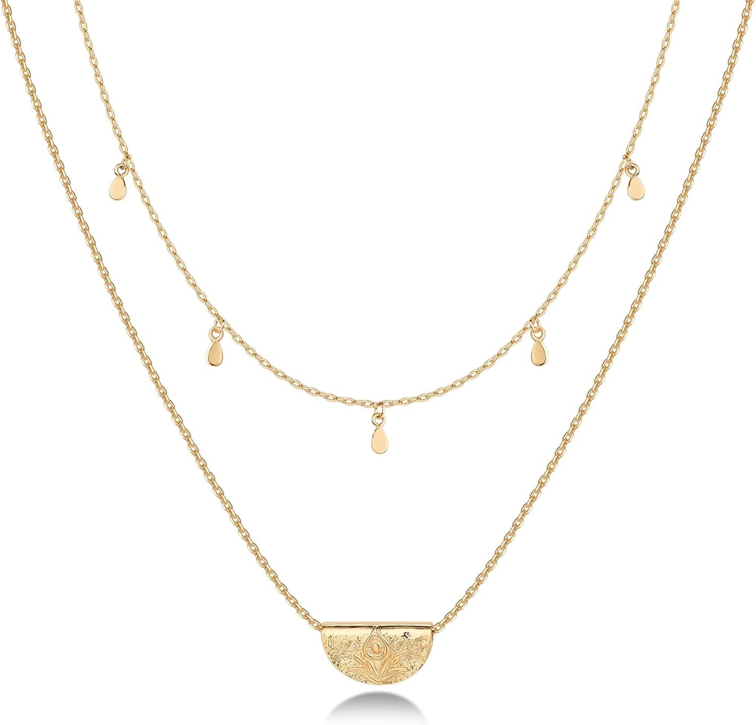 imagePAVOI 14K Gold Plated Layering Necklaces  Stylish Minimalist Design Pendant Necklaces  Bar Circle Lotus Disc Dog Tag Horizontal Bar Pendants for WomenYellow Gold