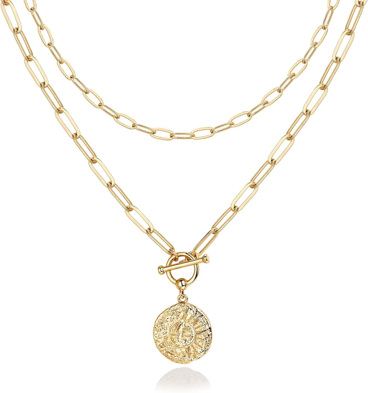 imagePAVOI 14K Gold Plated Layering Necklaces  Stylish Minimalist Design Pendant Necklaces  Bar Circle Lotus Disc Dog Tag Horizontal Bar Pendants for WomenYellow Gold