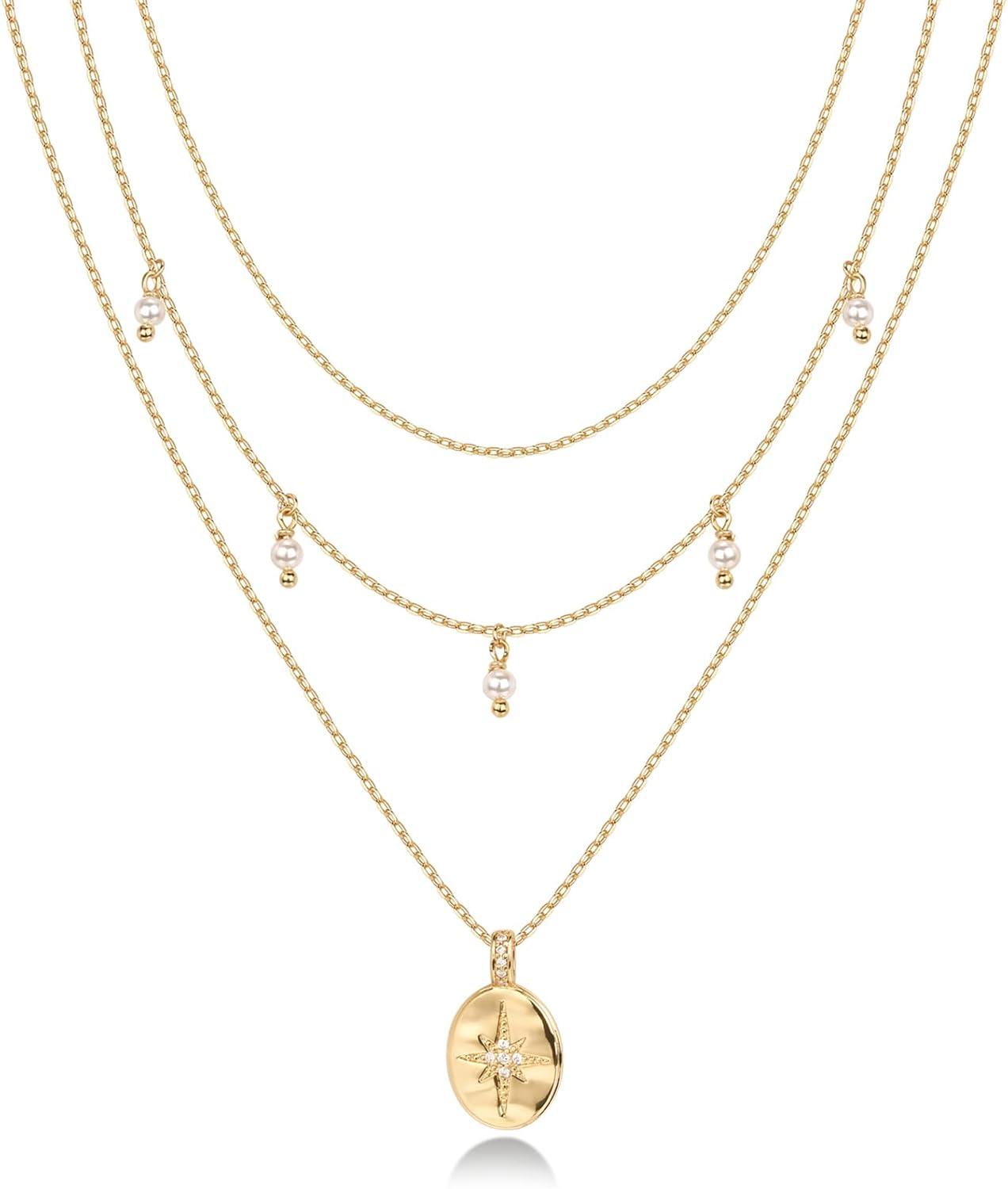 imagePAVOI 14K Gold Plated Layering Necklaces  Stylish Minimalist Design Pendant Necklaces  Bar Circle Lotus Disc Dog Tag Horizontal Bar Pendants for WomenYellow Gold