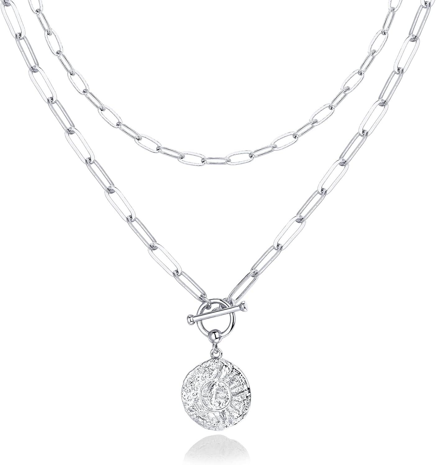 imagePAVOI 14K Gold Plated Layering Necklaces  Stylish Minimalist Design Pendant Necklaces  Bar Circle Lotus Disc Dog Tag Horizontal Bar Pendants for WomenWhite Gold