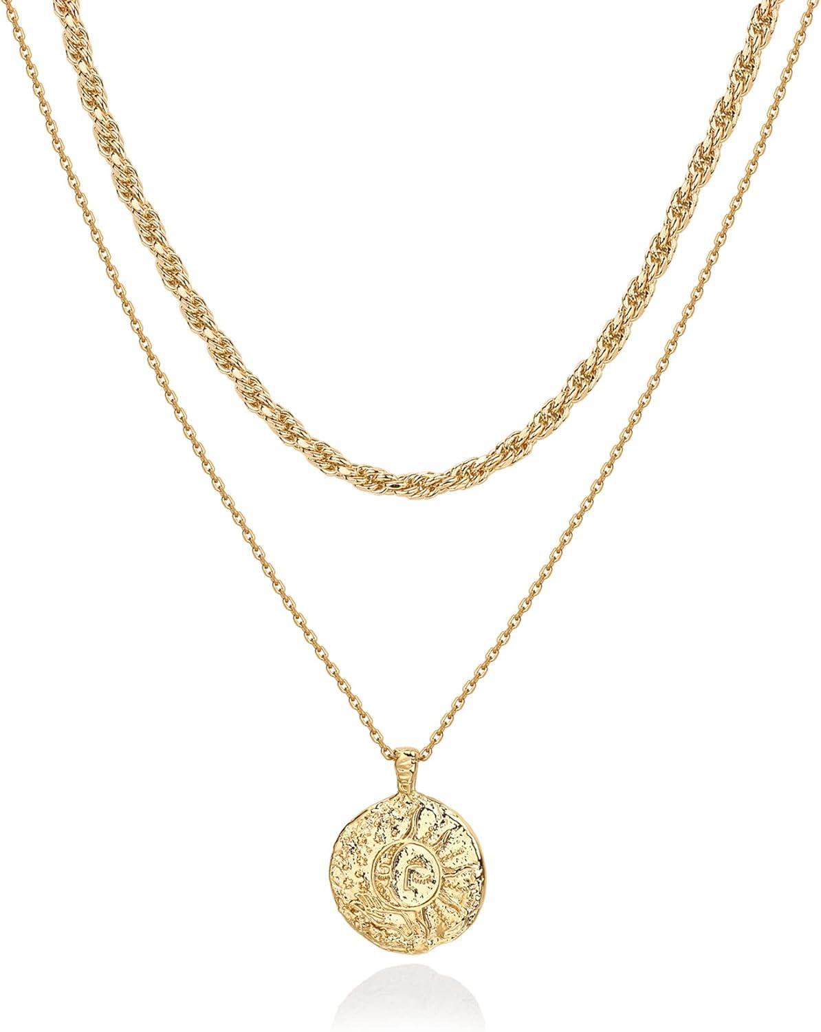 imagePAVOI 14K Gold Plated Layering Necklaces  Stylish Minimalist Design Pendant Necklaces  Bar Circle Lotus Disc Dog Tag Horizontal Bar Pendants for WomenYellow Gold