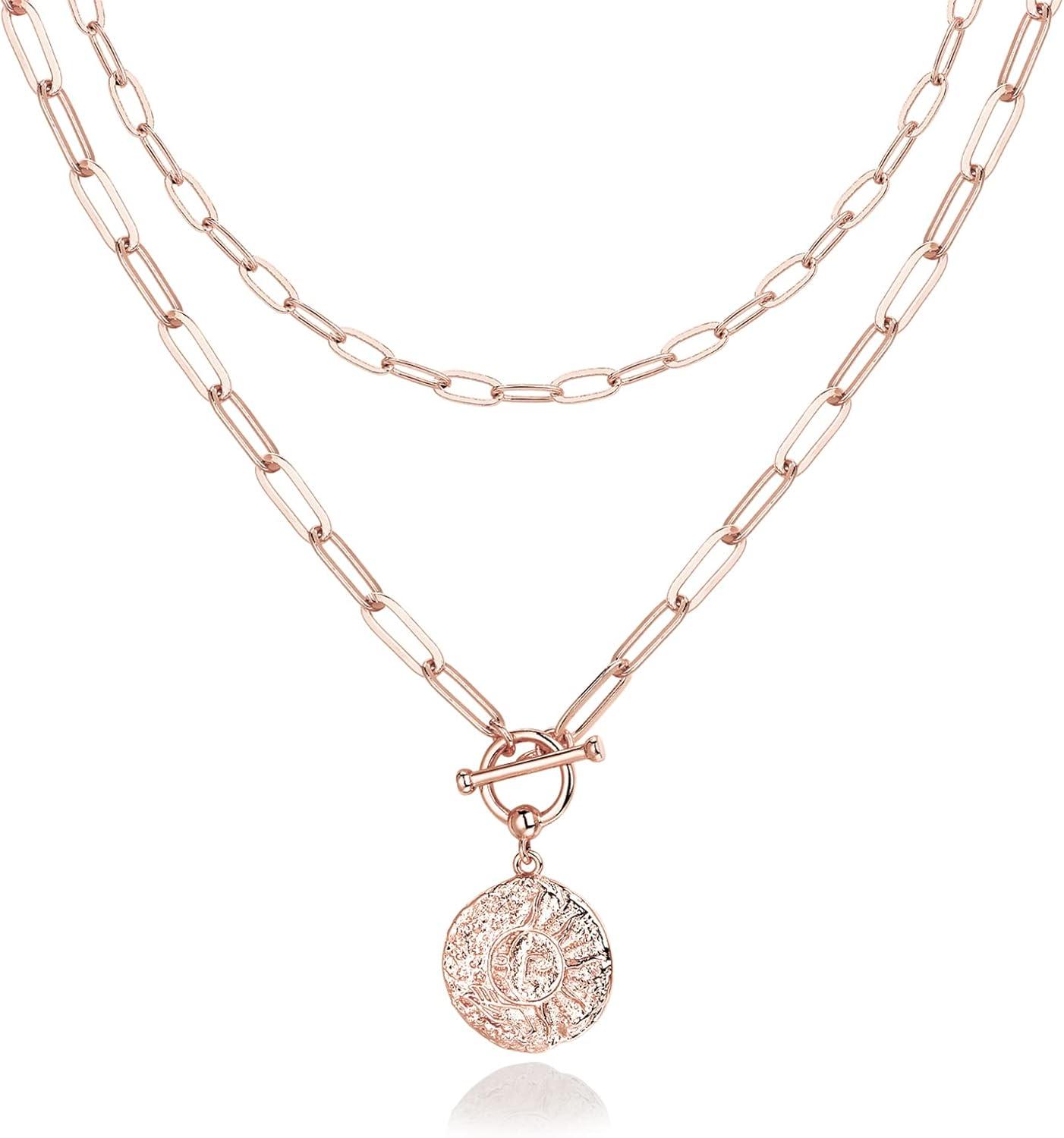 imagePAVOI 14K Gold Plated Layering Necklaces  Stylish Minimalist Design Pendant Necklaces  Bar Circle Lotus Disc Dog Tag Horizontal Bar Pendants for WomenRose Gold