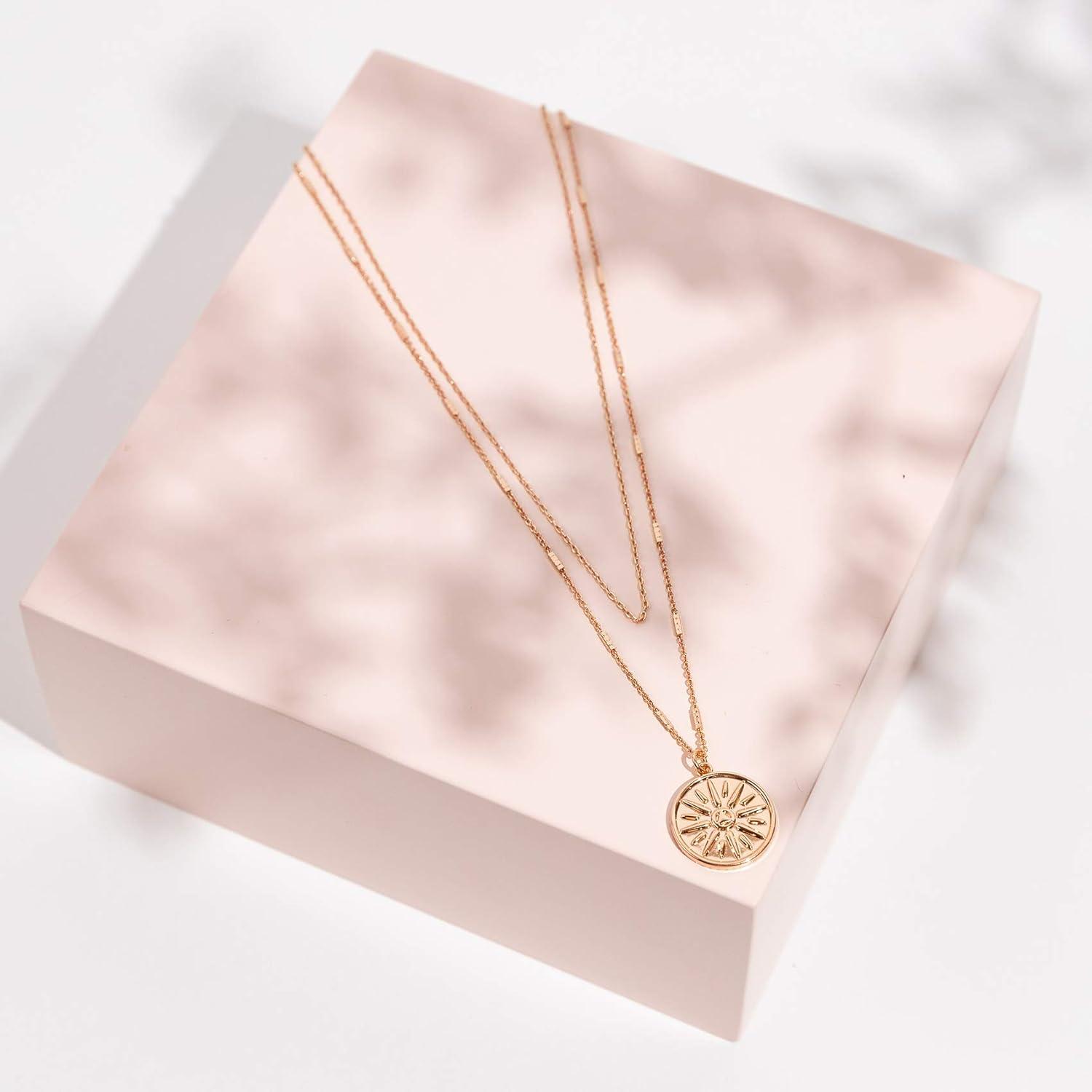 imagePAVOI 14K Gold Plated Layering Necklaces  Stylish Minimalist Design Pendant Necklaces  Bar Circle Lotus Disc Dog Tag Horizontal Bar Pendants for WomenRose Gold
