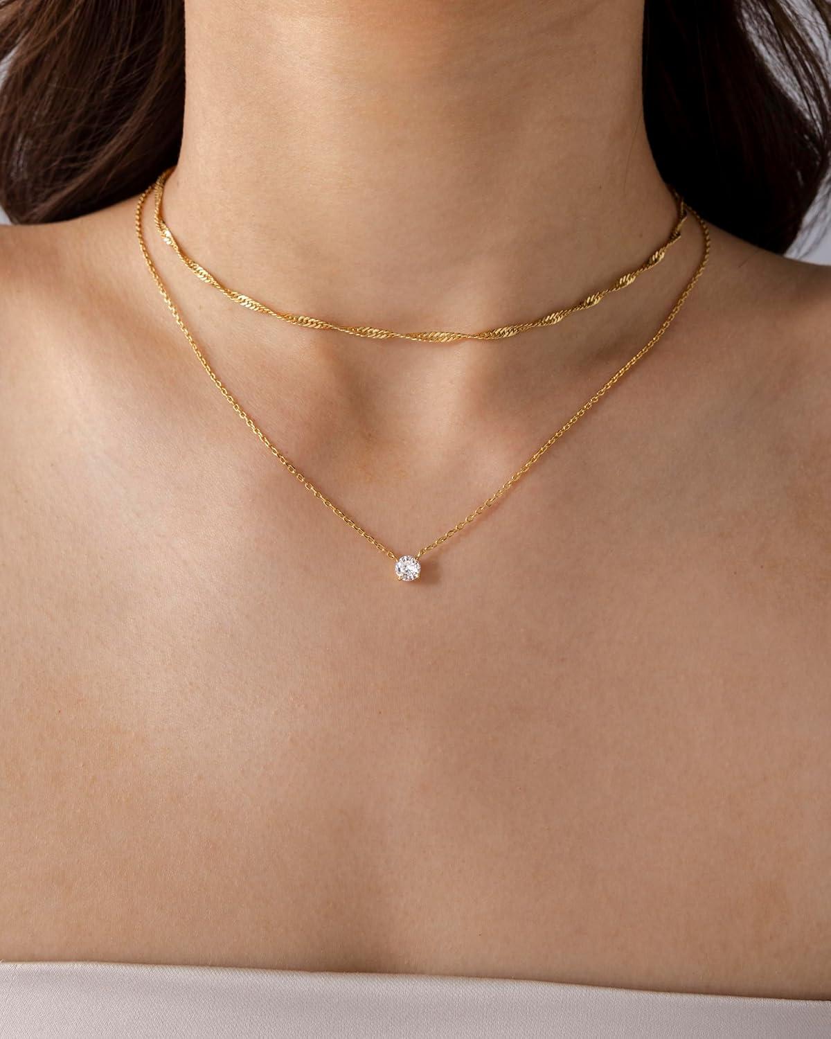 imagePAVOI 14K Gold Plated Twisted Singapore Chain Layering Choker with Round Solitaire and Serpentine Chain Layering Choker with PearCut Stone Pendant Necklace Pack for Women Cubic Zirconia Statement Layered Necklace SetWhite Gold