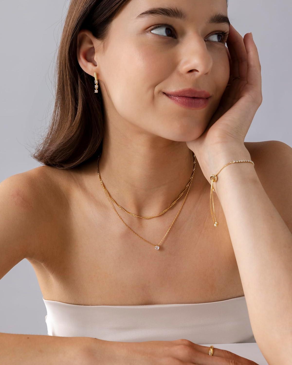 imagePAVOI 14K Gold Plated Twisted Singapore Chain Layering Choker with Round Solitaire and Serpentine Chain Layering Choker with PearCut Stone Pendant Necklace Pack for Women Cubic Zirconia Statement Layered Necklace SetWhite Gold