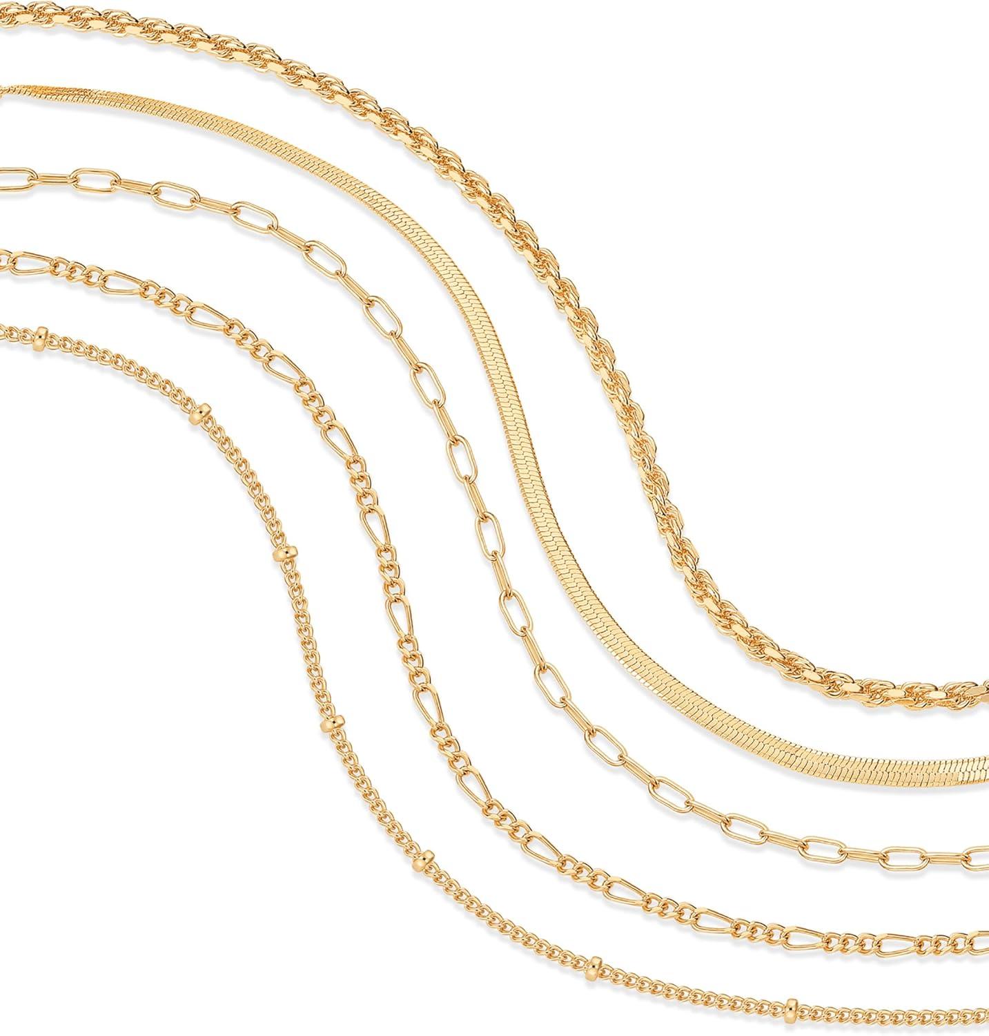 imagePAVOI 18K Gold Plated Chain Bracelet Pack for Women Jewelry Set of 5 Stackable Bracelets Paperclip Snake Rope Figaro Beaded Chains5Piece Set