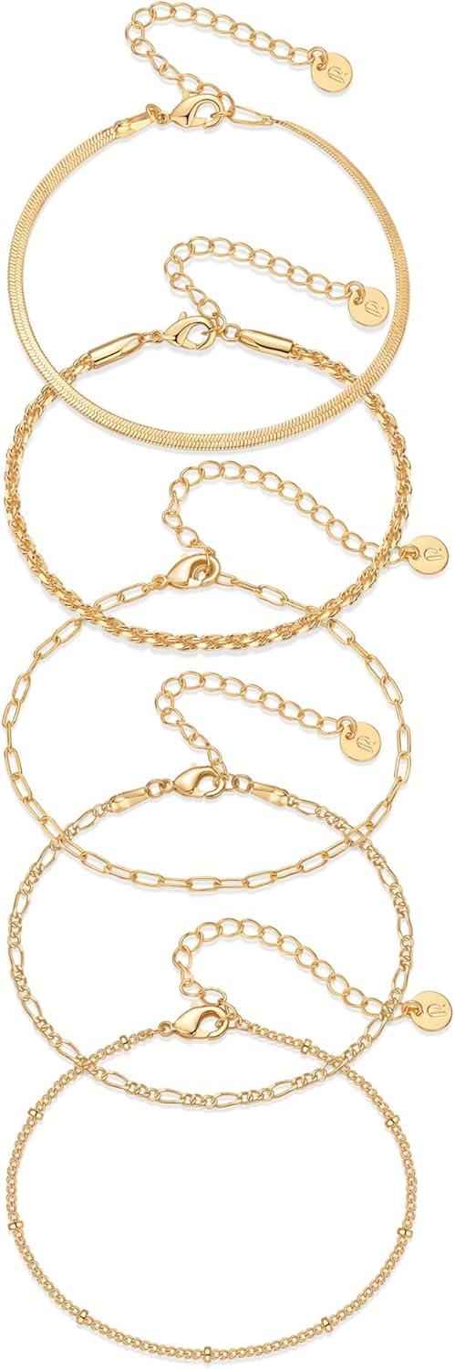 imagePAVOI 18K Gold Plated Chain Bracelet Pack for Women Jewelry Set of 5 Stackable Bracelets Paperclip Snake Rope Figaro Beaded Chains5Piece Set